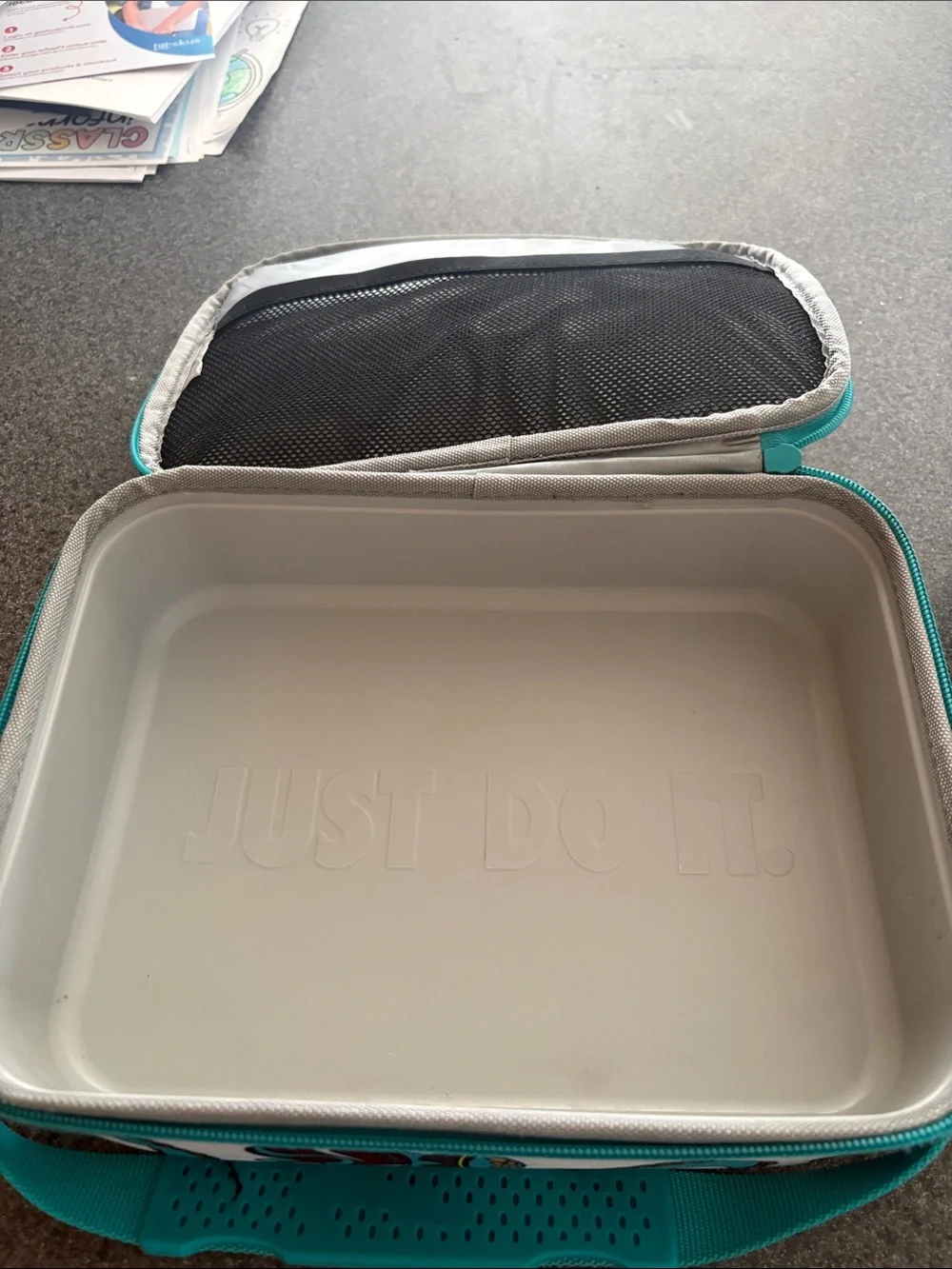 Nike Kids Teal and Beige Graphic Lunch Tote - Just Do It Print
